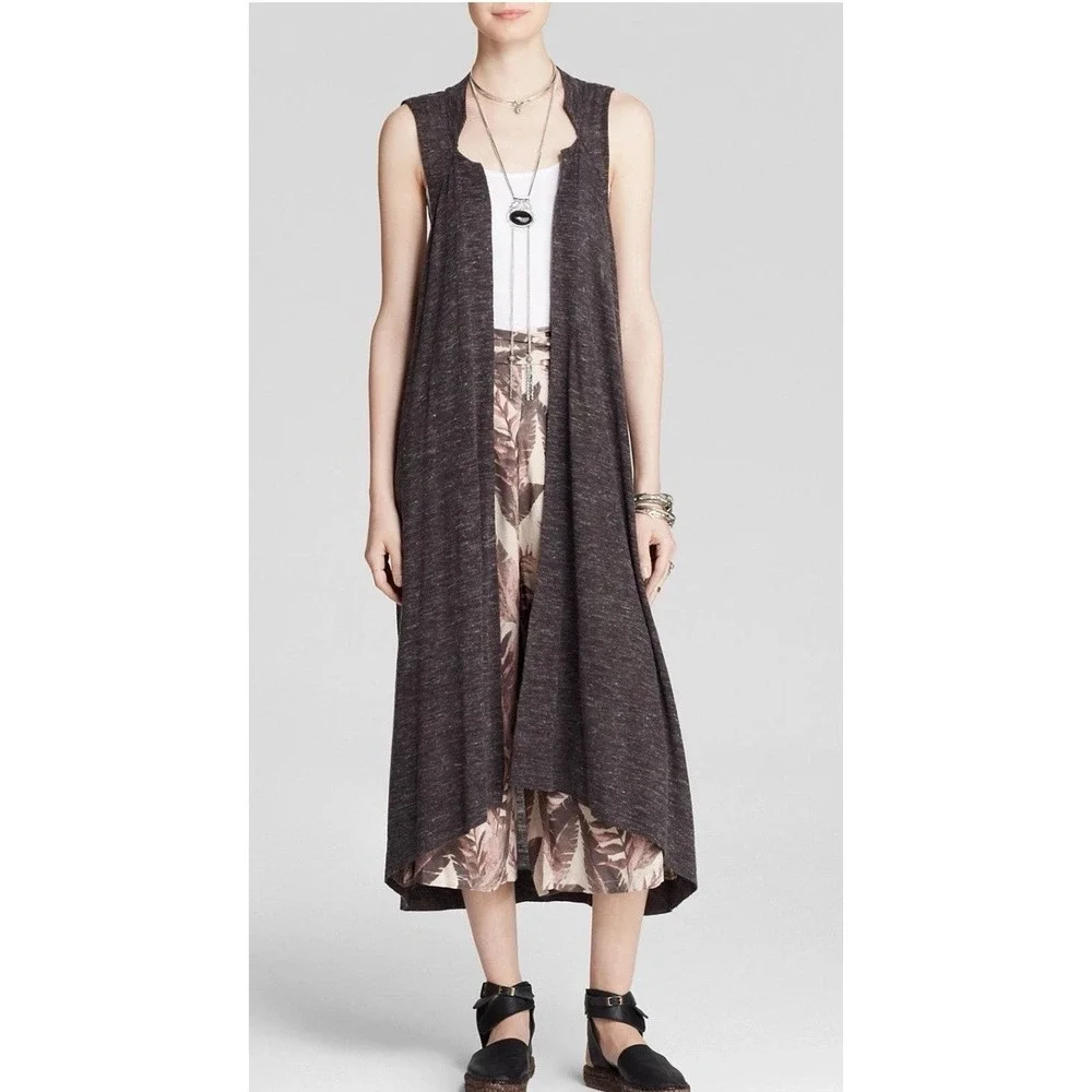 Free People Long Cardigan SWEATER VEST SHIRT‎ TOP Duster Trench Knit Grey SZ-M